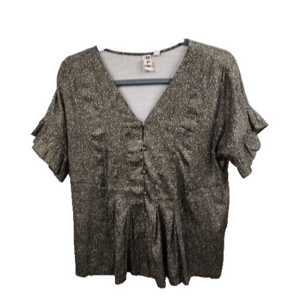 Anthropologie Dolan Womens BOHO Top Small‎ Olive Green Short Sleeve Ruffle